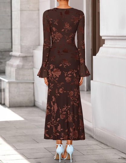 ZESICA Women's 2025 Bell Long Sleeve Floral Maxi Dress Fall Fashion Bodycon Mesh Wedding Guest Cocktail Party Dresses