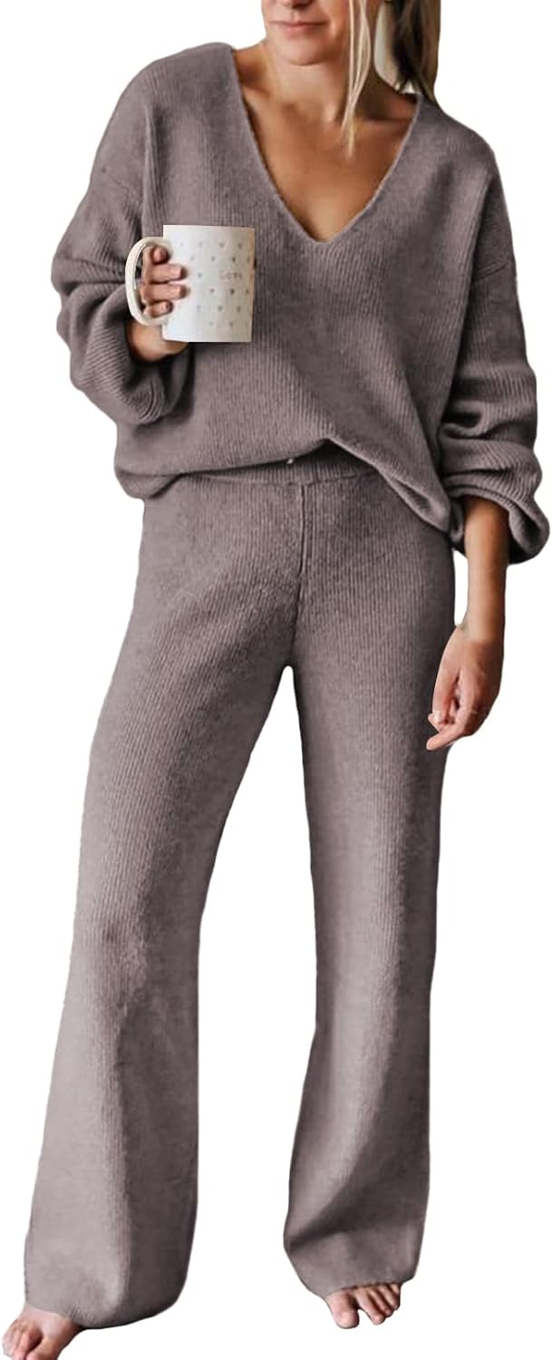 Viottiset Women's 2 Piece Outfits Casual V Neck Knit Wide Leg Sweater Lounge Set Sweatsuit