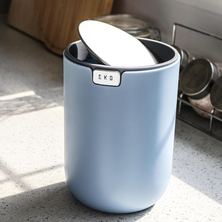 EKO Mini Desk Trash Can with Swing-Top Lid 0.4 Gallon Small Table Round Wastebasket for Office, Home, Car (Blue)