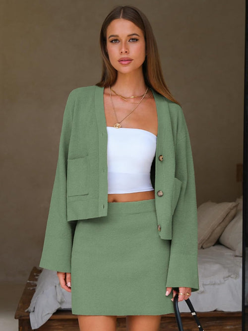 EXLURA Womens 2 Piece Skirt Sweater Sets V Neck Button Up Cardigan Mini Skirts Fall Winter Knit Trendy Outfits Pockets 2025