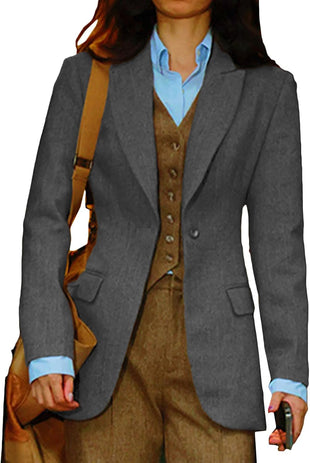 Mina Self Womens Blazer 2025 Fall Fitted Petite One-Button Front Striped Wool Suit Jackets with Pockets