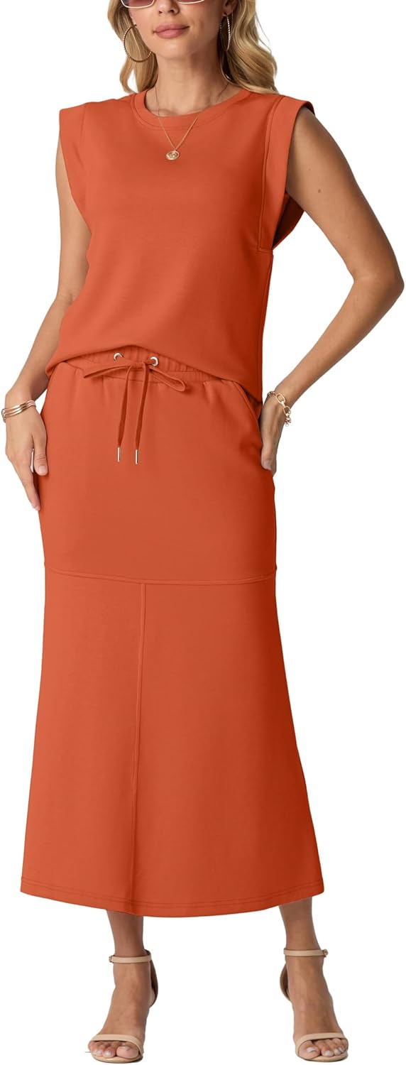 GRECERELLE Women Summer 2 Piece Sets Round Neck Wrinkle-Free Top & Elastic Waist Midi Fishtail Skirt with Pockets(XS-3XL)