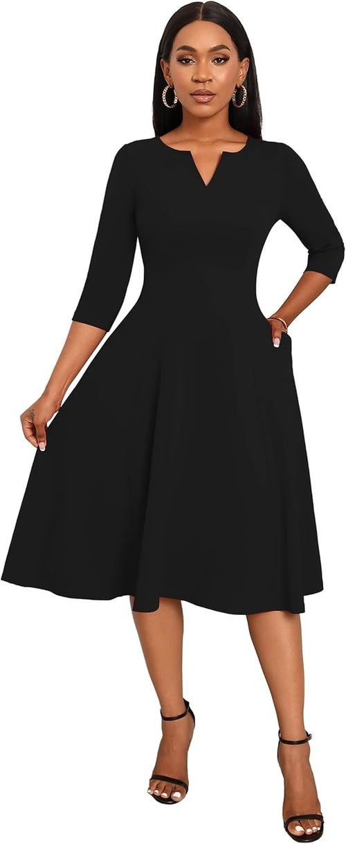 Nmoder Midi Dresses for Women A-Line Fit and Flare Dress 3/4 Sleeve V Neck Cocktail Wedding Guest Work Dress with Pockets