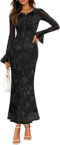 ZESICA Women's 2025 Bell Long Sleeve Floral Maxi Dress Fall Fashion Bodycon Mesh Wedding Guest Cocktail Party Dresses