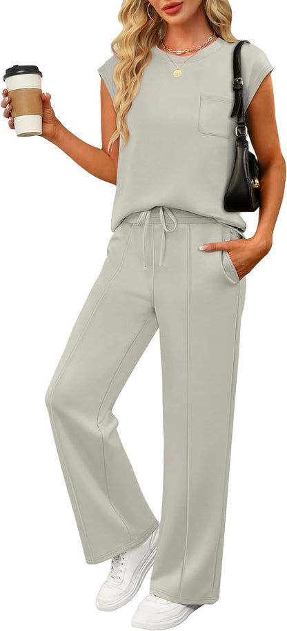 ANRABESS Two Piece Sets for Women Summer Sleeveless Sweatsuits Wide Leg Casual Lounge Set Matching Vacation Travel Outfits