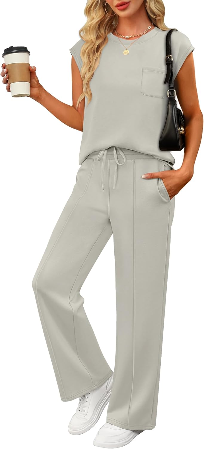 ANRABESS Two Piece Sets for Women Summer Sleeveless Sweatsuits Wide Leg Casual Lounge Set Matching Vacation Travel Outfits