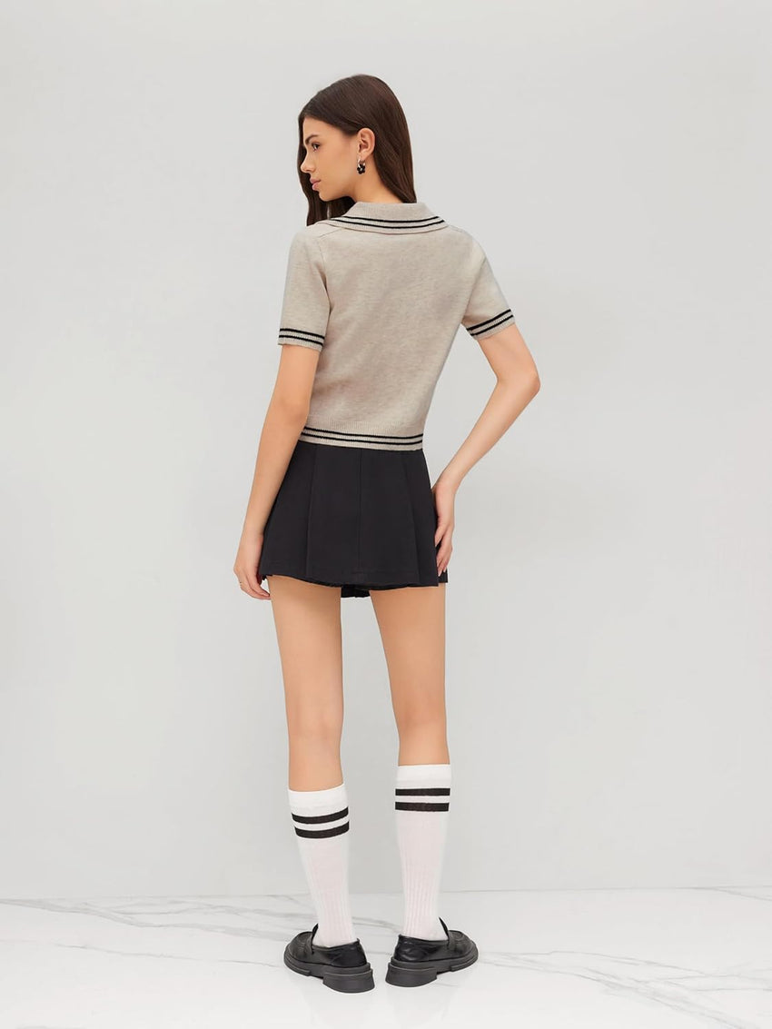 CIDER Short Sleeve Sweater Knit Top Collar Neck Stripe Pullover Casual Elegant Women’s Collared Sweaters