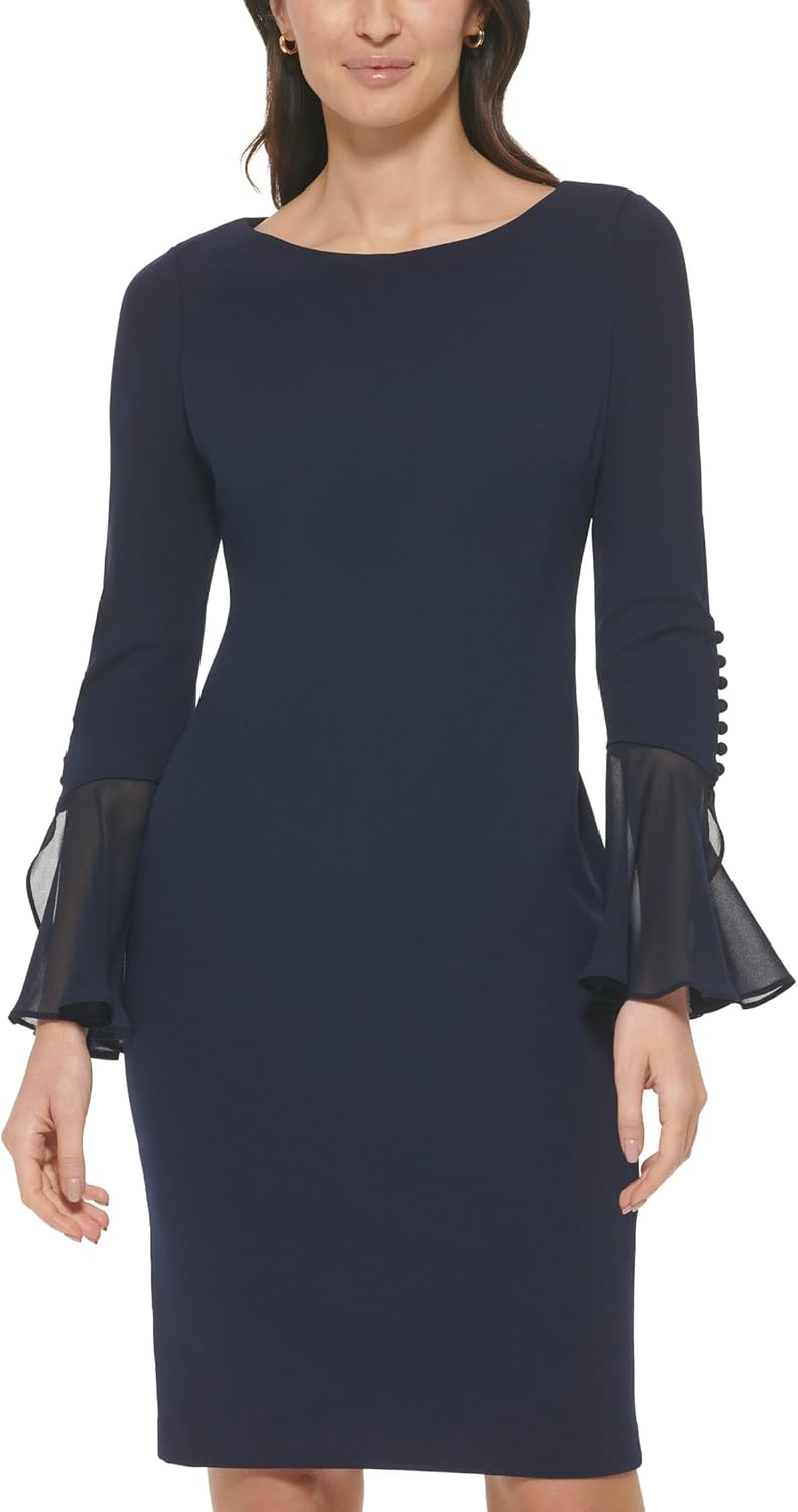 Calvin Klein Womens Long Sleeve Workwear Scuba Crepe Sheath Dress