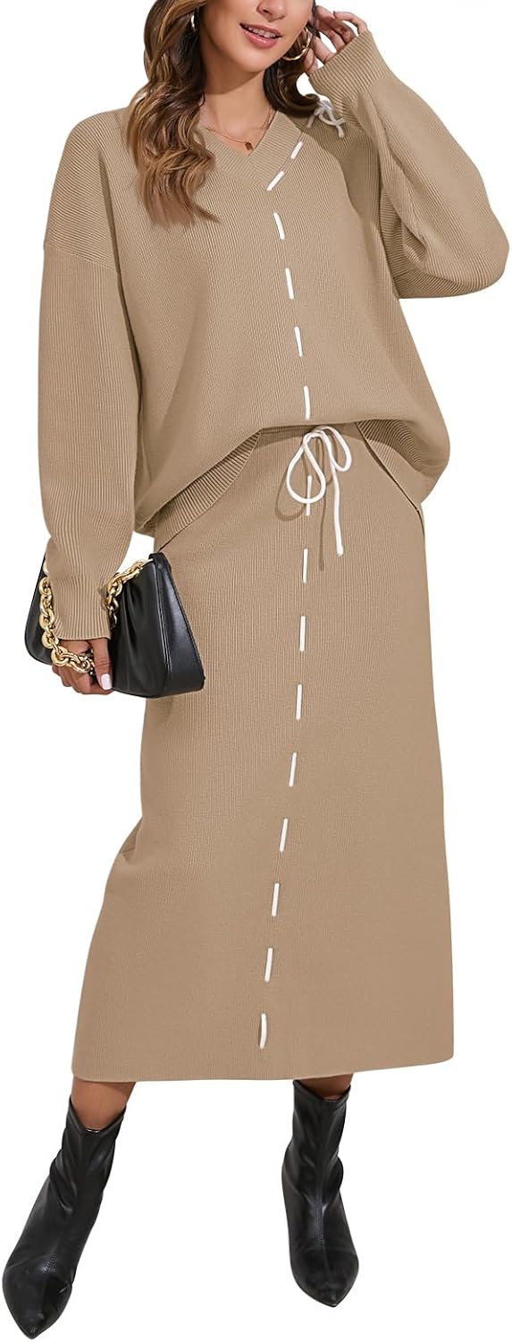 Pink Queen 2025 Women's 2 Piece Sweater Set V Neck Rib Knit Long Sleeve Maxi Bodycon Skirt Casual Outfits