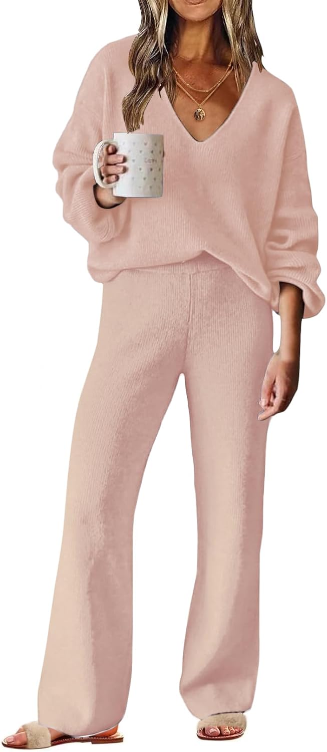 ETCYY NEW Womens 2 Piece Outfits Sweater Lounge Set Casual V Neck Knit Pajama Set Long Sleeve Top Wide Leg Pants Loungewear