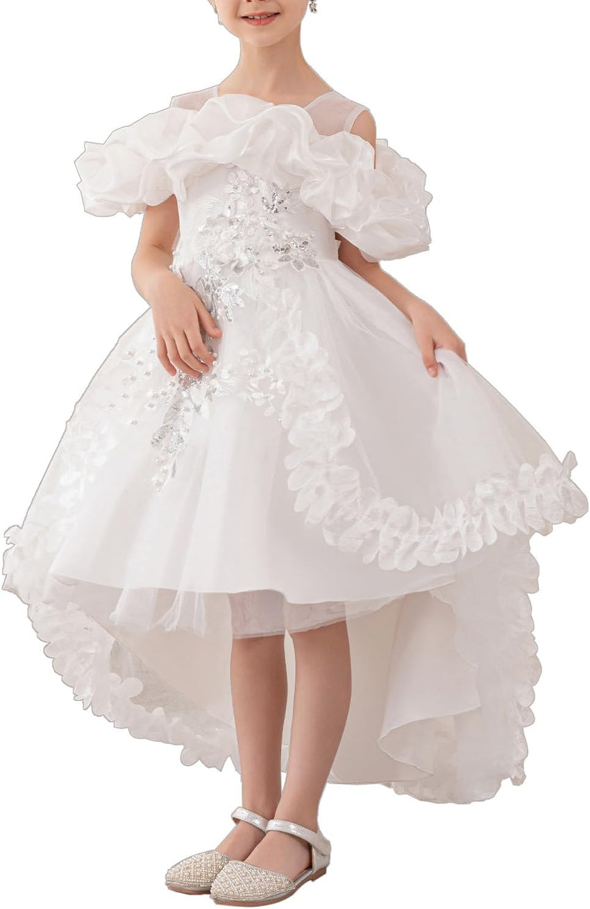 Girl's Princess Dress, Birthday Party, Pageant Gown - Ruffle Tulle Satin Princess Dresses with Kids Train