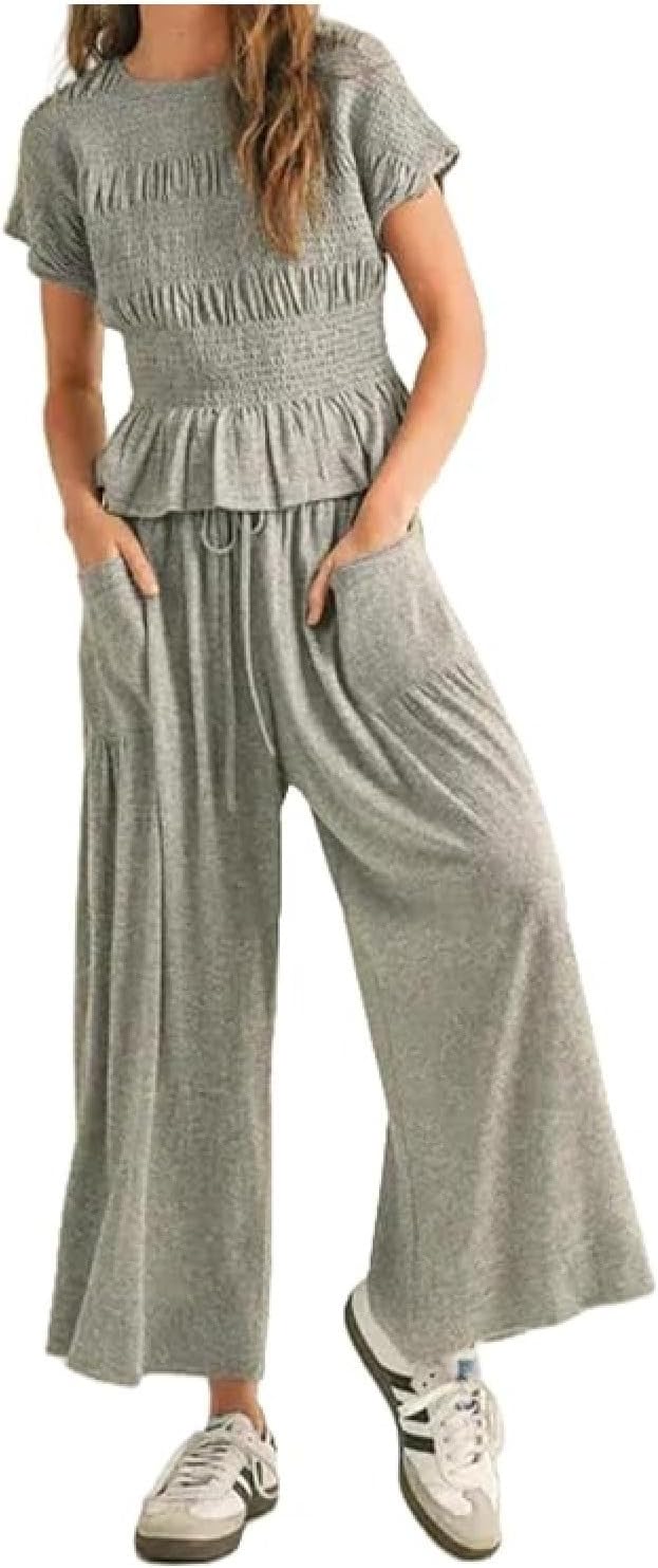 Summer Pants Set Women 2 Piece Lounge Matching Set Casual Outfit with Pockets for Travel Shopping Boho Chic Outfit