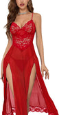 Sexy Split Mesh Lace Floral Sheer Babydoll Lingerie Outfit Dress 2 Piece with Thong Set