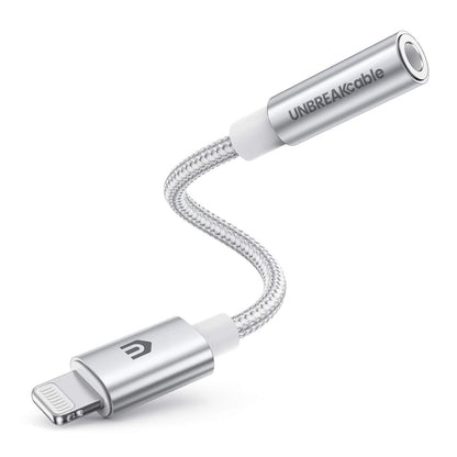 UNBREAKcable Headphones Adapter for iPhone, MFi Certified Lightning to 3.5mm Jack Converter with Apple Original Chip Compatible for iPhone 14/13/12/11/Pro/SE/Xs MAX/XR/X/8/iPad/iPod - Silvery