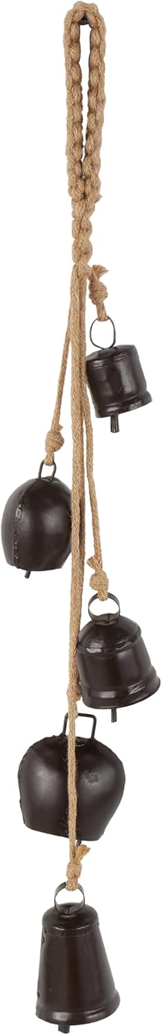 Deco 79 Gold Metal Tibetan Inspired Decorative Giant XL Cow Bells with Jute Hanging Rope, Set of 3 10",8",6"H - Cylindrical