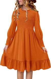 Yoklass Girls Smocked Dress Casual Puff Long Sleeve Ruffle Neck Dresses 4-13 Years