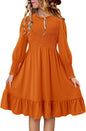 Yoklass Girls Smocked Dress Casual Puff Long Sleeve Ruffle Neck Dresses 4-13 Years