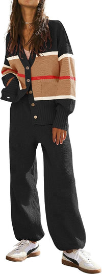 Women's 2 Piece Outfit Lounge Set Trendy Cardigan Sweater Pants Sets V Neck Button Pocket Knit Matching Loungewear