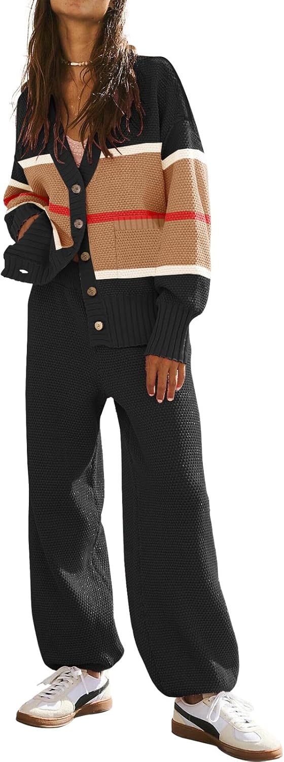 Women's 2 Piece Outfit Lounge Set Trendy Cardigan Sweater Pants Sets V Neck Button Pocket Knit Matching Loungewear