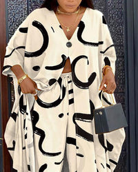 CHICME Women's 2 Piece Outfits 2025 Abstract Print Batwing Sleeve V Neck Top with High Slit and Loose Wide Leg Pants Set