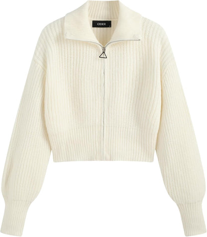 CIDER Zip Up Cardigans for Women Fall Trendy Long Sleeve Chunky Cardigan Knit Open Front Collared Zipper Cardigan