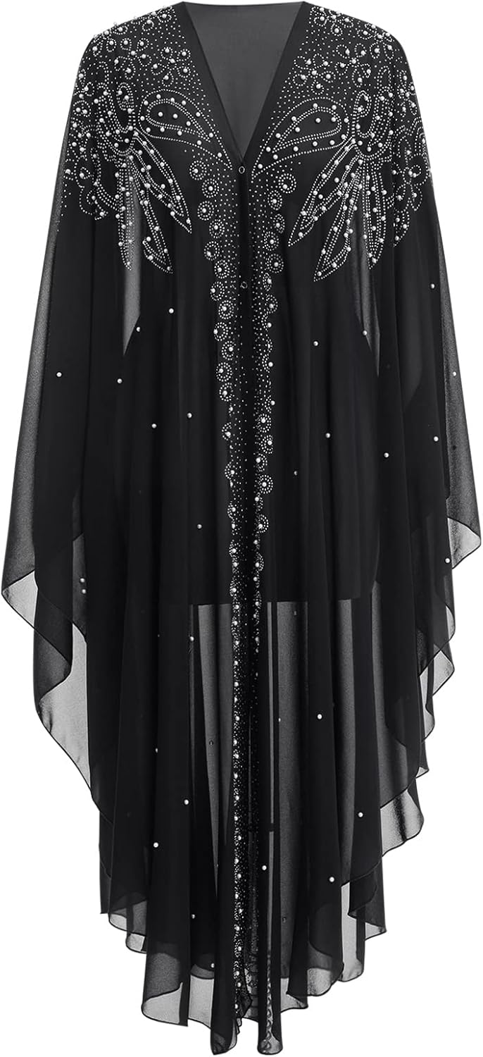 OBEEII Muslim Dress for Women Loose Batwing Sleeved Hooded Beaded Embroidery Long Abaya Dress Kaftan Abayas Islamic Robe