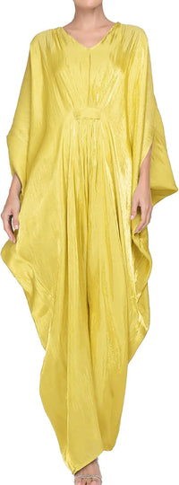 Panegy Women's Shiny Long Dress V-Neck Batwing Sleeve Kaftan Dress Solid Ethnic Maxi Robe