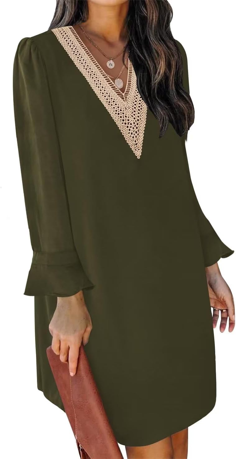 QACOHU Fall Dresses for Women 2025 Casual V Neck Long Sleeves Flowy Mini Tunic Dress