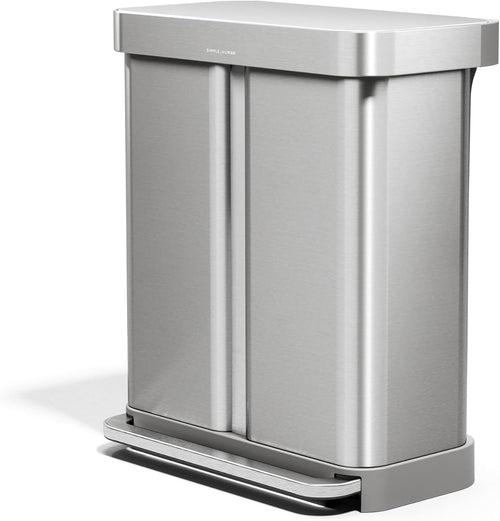 simplehuman 58 Liter / 15.3 Gallon Rectangular Hands-Free Dual Compartment Recycling Kitchen Step Trash Can with Soft-Close Lid, Brushed Stainless Steel