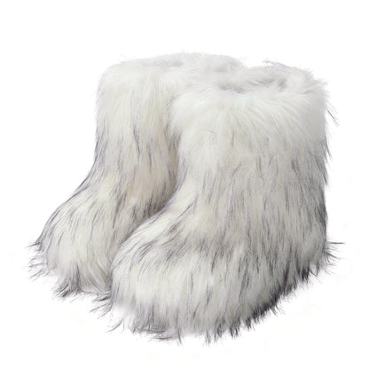 Wnshonzy Fur Boots for Women Snow Furry Fluffy Platform Flat Ankle Mini Boot Winter Round Toe Y2k Comfortable Mid-Calf Short Outdoor 2025
