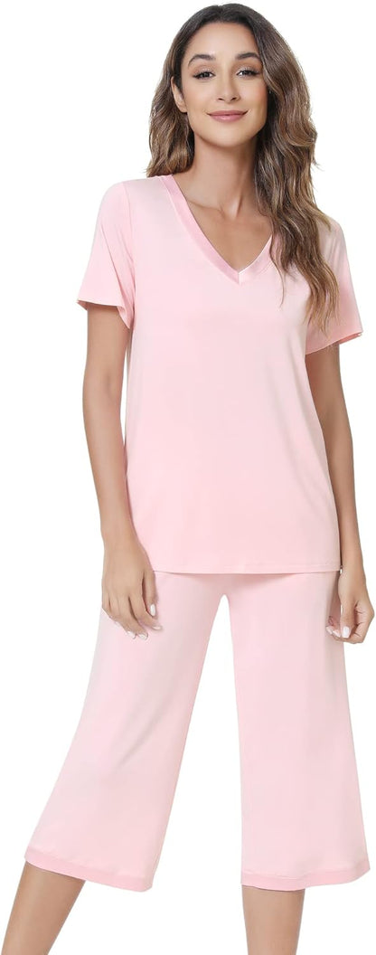 NACHILA Women’s Pajamas-Viscose Made from Bamboo, Short Sleeve Pjs Top with Capri Pajama Sets for Women Cool V Neck Sleepwear