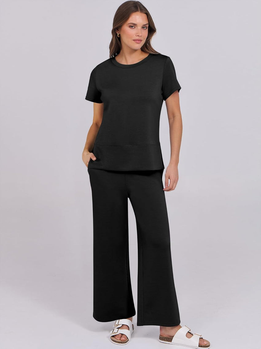 ANRABESS Women 2 Piece Lounge Sets Summer Travel Sweat Outfits Short Sleeve Wide Leg Casual Matching Tracksuits Clothes