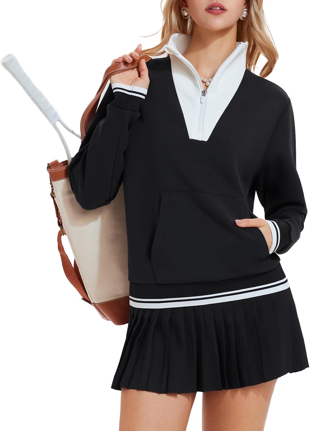 Airfree Womens 2 Piece Set Lapel Half Zip Sweatshirts High Waisted Pleated Tennis Skirt Sets Casual Sweatsuits Sporty Outfit