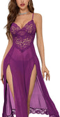 Sexy Split Mesh Lace Floral Sheer Babydoll Lingerie Outfit Dress 2 Piece with Thong Set