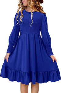 Yoklass Girls Smocked Dress Casual Puff Long Sleeve Ruffle Neck Dresses 4-13 Years