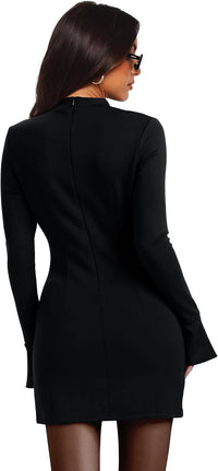 OFEEFAN Women's Fall Long Sleeve Mock Neck Dress Basic Party Club Bodycon Mini Dresses