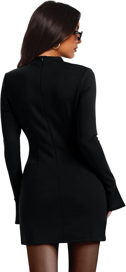 OFEEFAN Women's Fall Long Sleeve Mock Neck Dress Basic Party Club Bodycon Mini Dresses