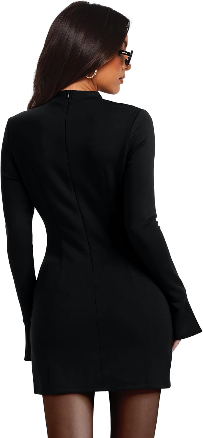 OFEEFAN Women's Fall Long Sleeve Mock Neck Dress Basic Party Club Bodycon Mini Dresses