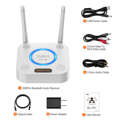 [Upgraded] 1Mii B06Pro Long Range Bluetooth Receiver, HiFi Wireless Audio Adapter, Bluetooth 5.1 Receiver with 3D Surround aptX HD Low Latency Optical RCA AUX 3.5mm Coaxial for Home Stereo System