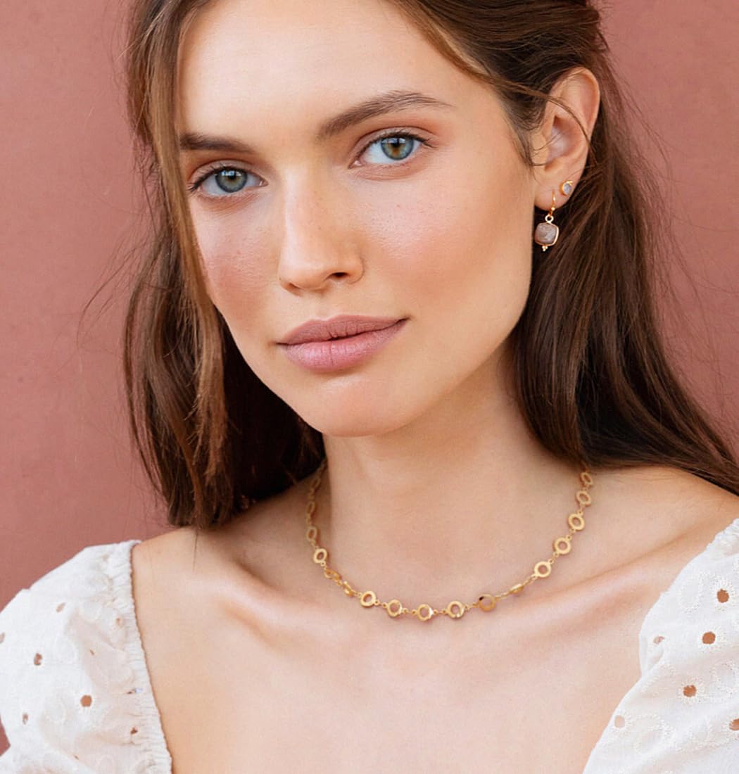 Aobei Pearl 18K Gold Plated Paperclip Chain Choker Satellite Chain Freshwater Cultured Biwa Pearl Pendant Necklace Dainty Turquoise Jewelry for Women
