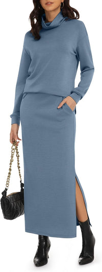 Casly Lamiit Women's 2 Piece Skirt Set Turtleneck Tops Long Skirt Matching Outfits with Pockets Fall Loungewear
