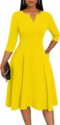 Nmoder Midi Dresses for Women A-Line Fit and Flare Dress 3/4 Sleeve V Neck Cocktail Wedding Guest Work Dress with Pockets