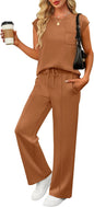 ANRABESS Two Piece Sets for Women Summer Sleeveless Sweatsuits Wide Leg Casual Lounge Set Matching Vacation Travel Outfits