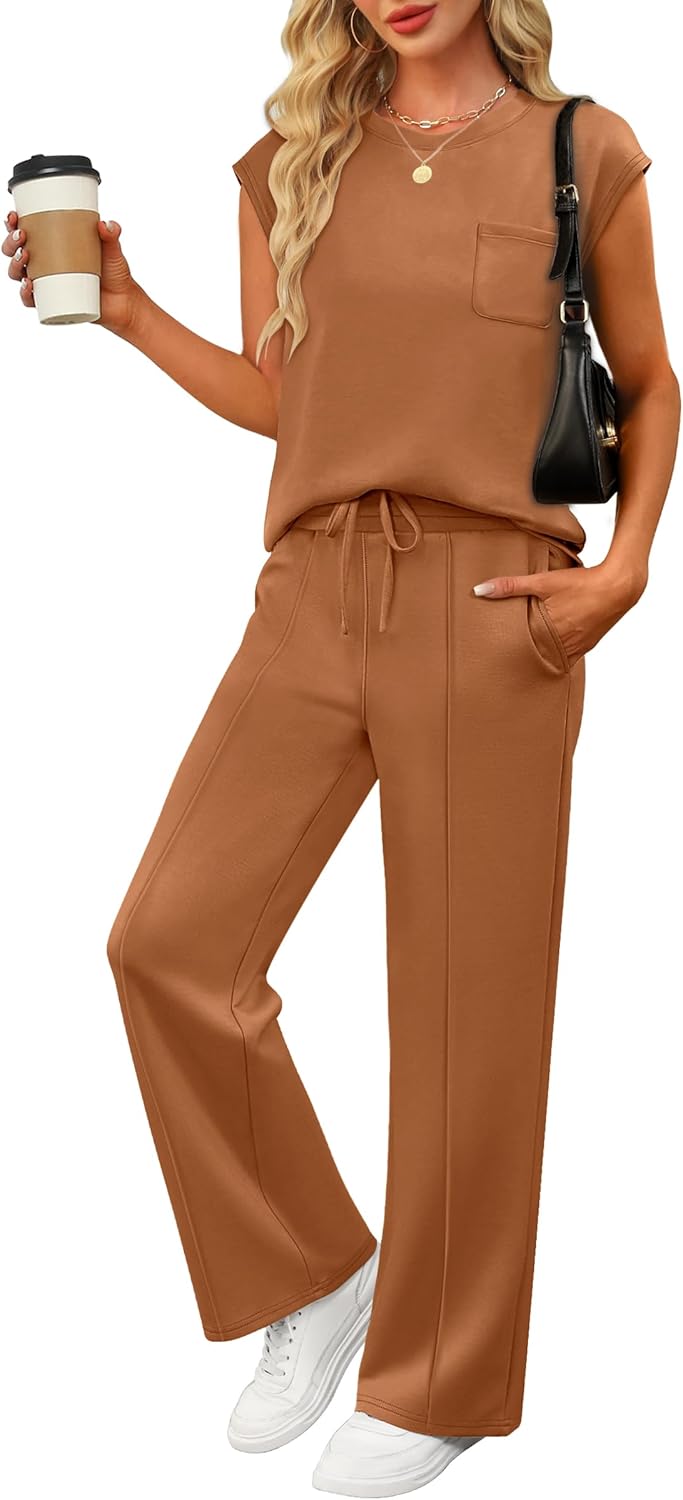 ANRABESS Two Piece Sets for Women Summer Sleeveless Sweatsuits Wide Leg Casual Lounge Set Matching Vacation Travel Outfits