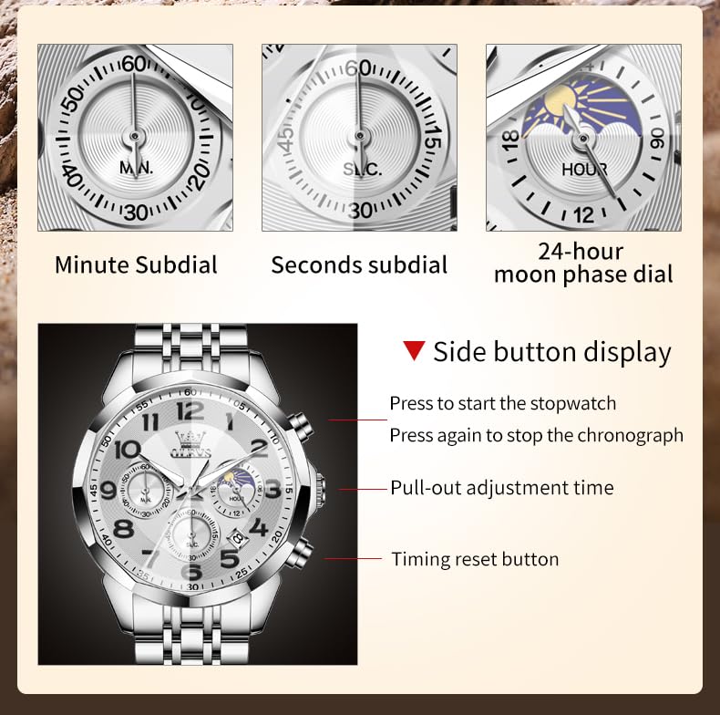OLEVS Watches Men Luxury Chronograph Moon Phase Waterproof Luminous Watches for Men Analog Quartz Calendar Stainless Steel Strap Wrist Watches-(Black/Blue/Gold/Grey/Silver Face)
