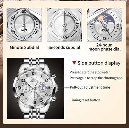 OLEVS Watches Men Luxury Chronograph Moon Phase Waterproof Luminous Watches for Men Analog Quartz Calendar Stainless Steel Strap Wrist Watches-(Black/Blue/Gold/Grey/Silver Face)