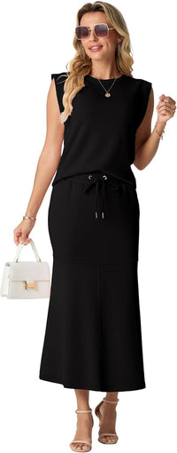 GRECERELLE Women Summer 2 Piece Sets Round Neck Wrinkle-Free Top & Elastic Waist Midi Fishtail Skirt with Pockets(XS-3XL)