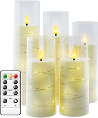 Flameless LED Candles with Timer 5 Pc Flickering Flameless Candles for Romantic Ambiance and Home Decoration Stable Acrylic Shell,with Embedded Star String，Battery Operated Candles（Red）