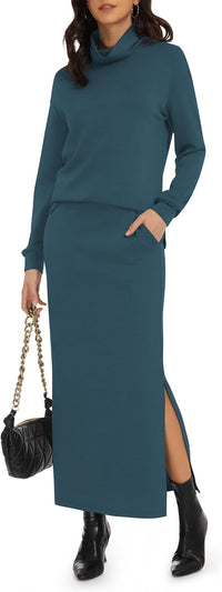 Casly Lamiit Women's 2 Piece Skirt Set Turtleneck Tops Long Skirt Matching Outfits with Pockets Fall Loungewear