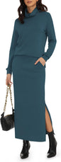 Casly Lamiit Women's 2 Piece Skirt Set Turtleneck Tops Long Skirt Matching Outfits with Pockets Fall Loungewear